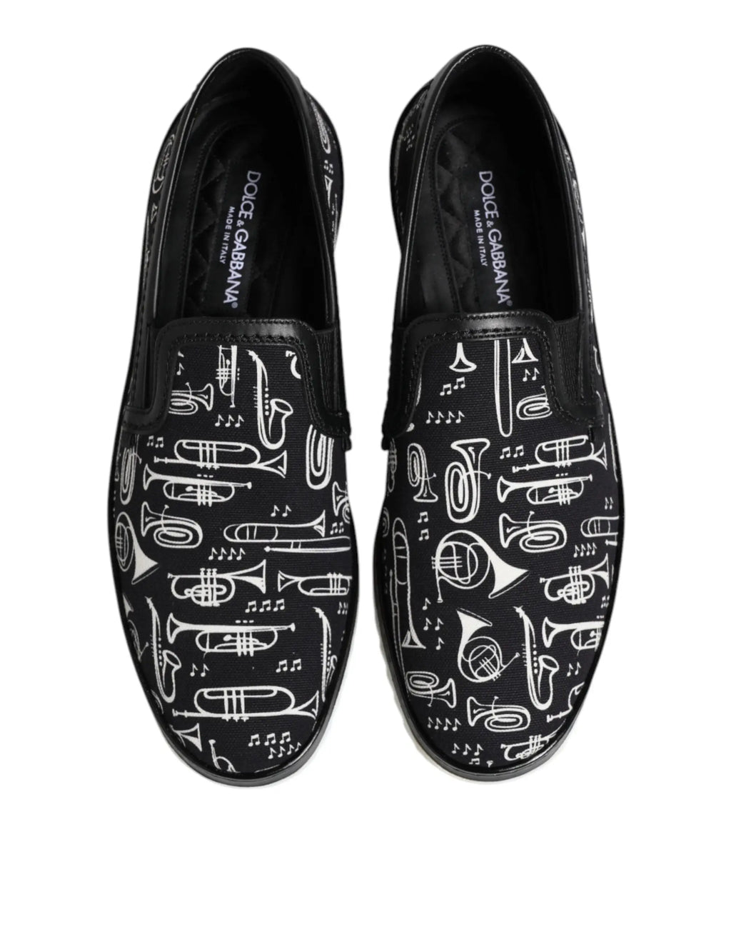 Dolce & gabbana noire slip-on pour homme avec motif blanc audacieux d’instruments de musique et notes