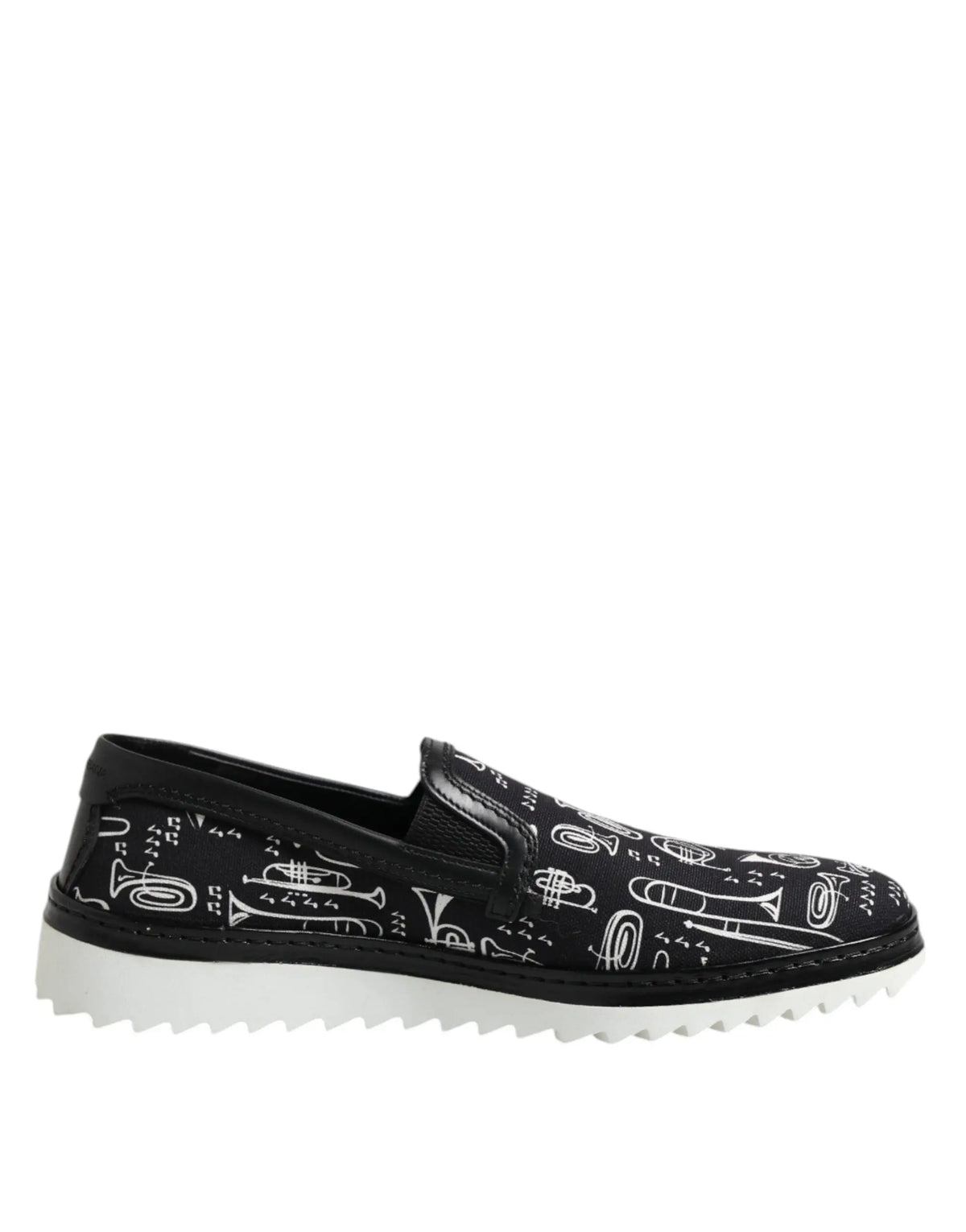 Dolce & gabbana mocassins homme noirs slip-on avec illustrations blanches d instruments de musique et semelle dentelée