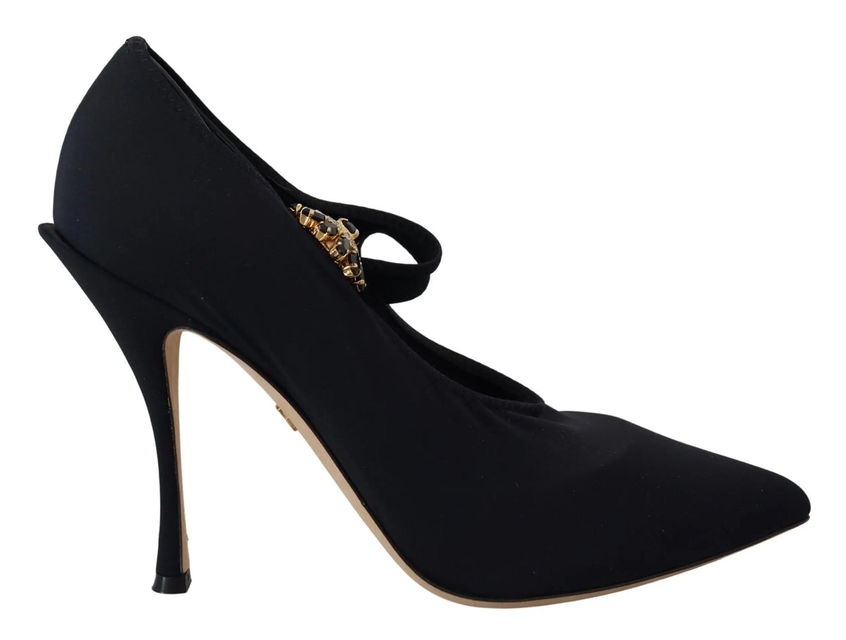 Dolce & gabbana black satin high-heeled pump with gold-toned crystal embellished ankle strap