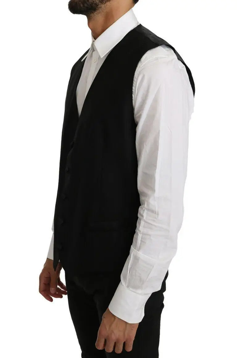 Dolce & gabbana black solid wool silk vest with sleek tailored fit and subtle stitching details