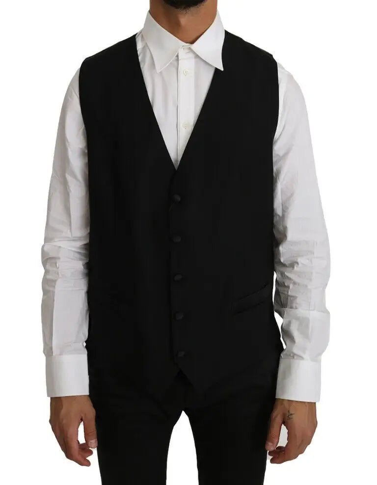 Dolce & gabbana veste noire en laine et soie avec cinq boutons foncés et coupe classique ajustée