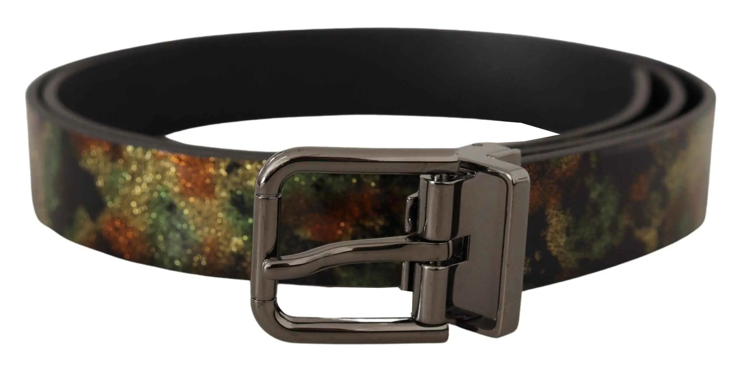 Ceinture dolce & gabbana noire en cuir camouflage scintillant vert brun orange avec boucle métal noir élégante