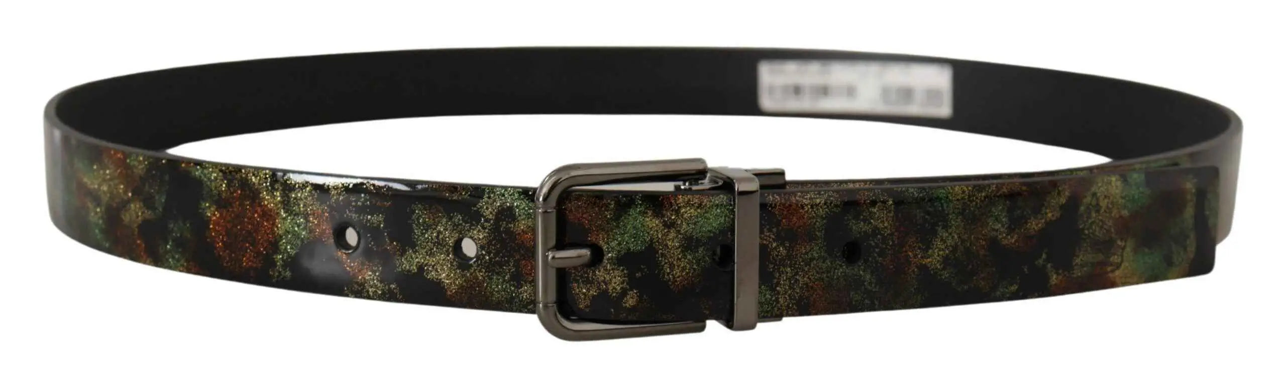 Dolce & Gabbana ceinture noire en cuir scintillant avec boucle en métal noir et motif camouflage vert marron orange