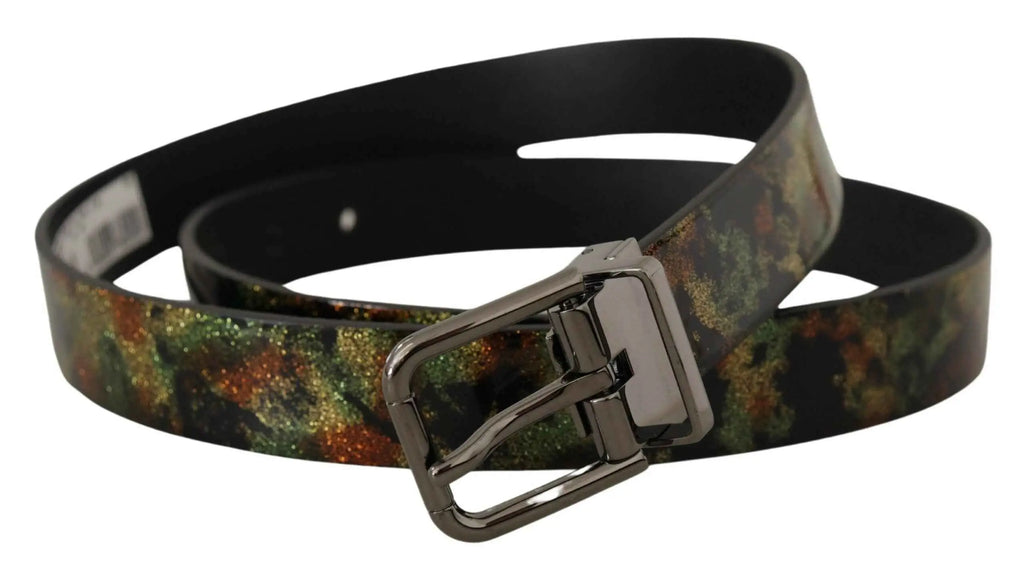 Ceinture dolce & gabbana noire en cuir à motif camouflage vert brun et orange avec paillettes et boucle métal noir élégante