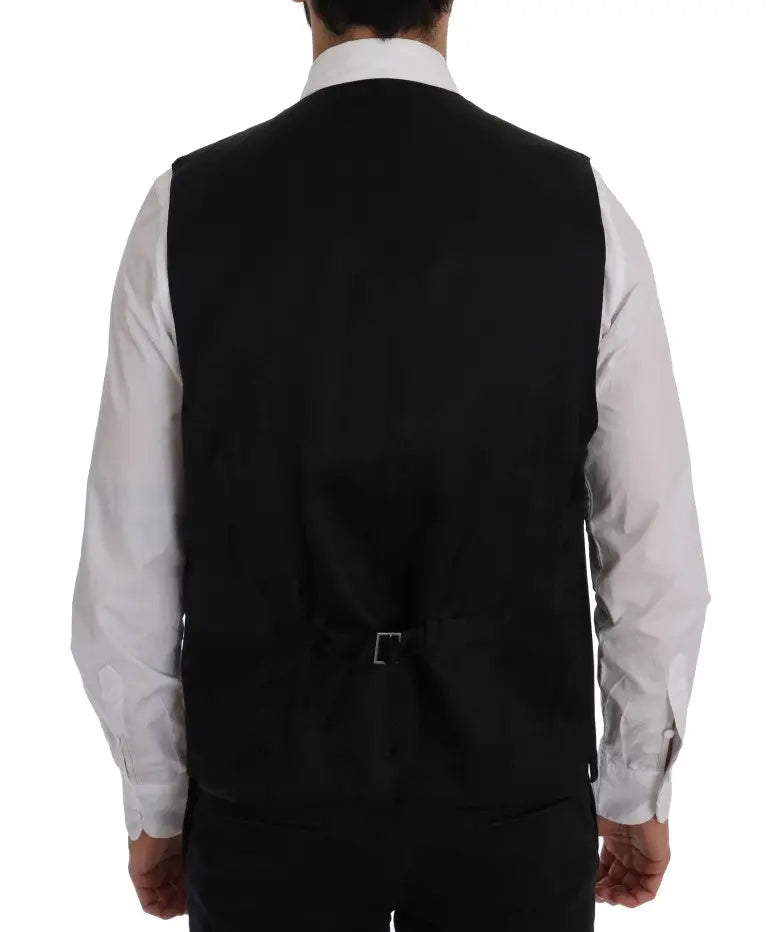 Dolce & gabbana black tailored wool stretch vest with subtle texture and small silver buckle at the waistband