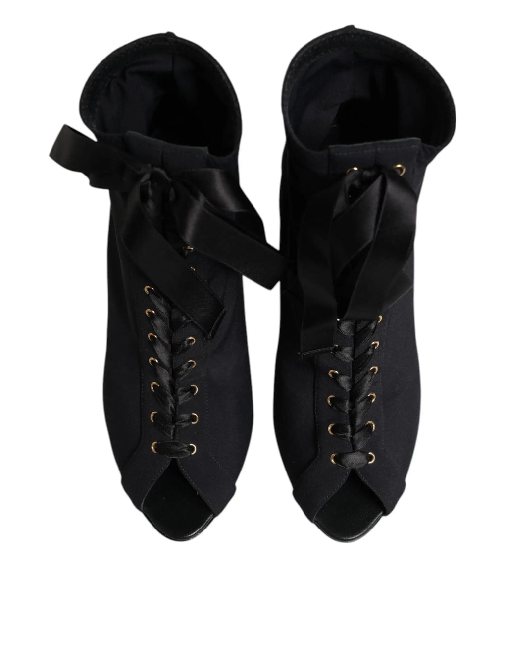 Dolce gabbana bottines à talons aiguilles en satin noir avec lacets dorés et nœud sur le dessus