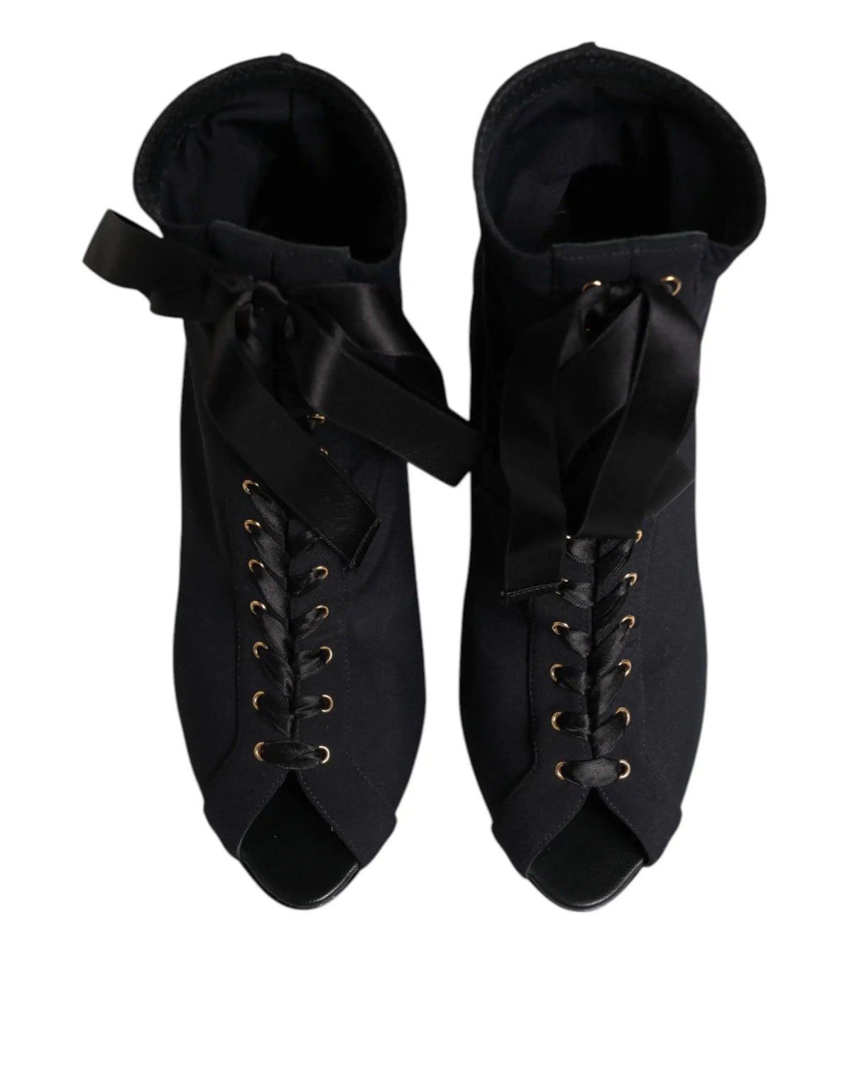 Dolce gabbana bottines à talons aiguilles en satin noir avec lacets dorés et nœud sur le dessus