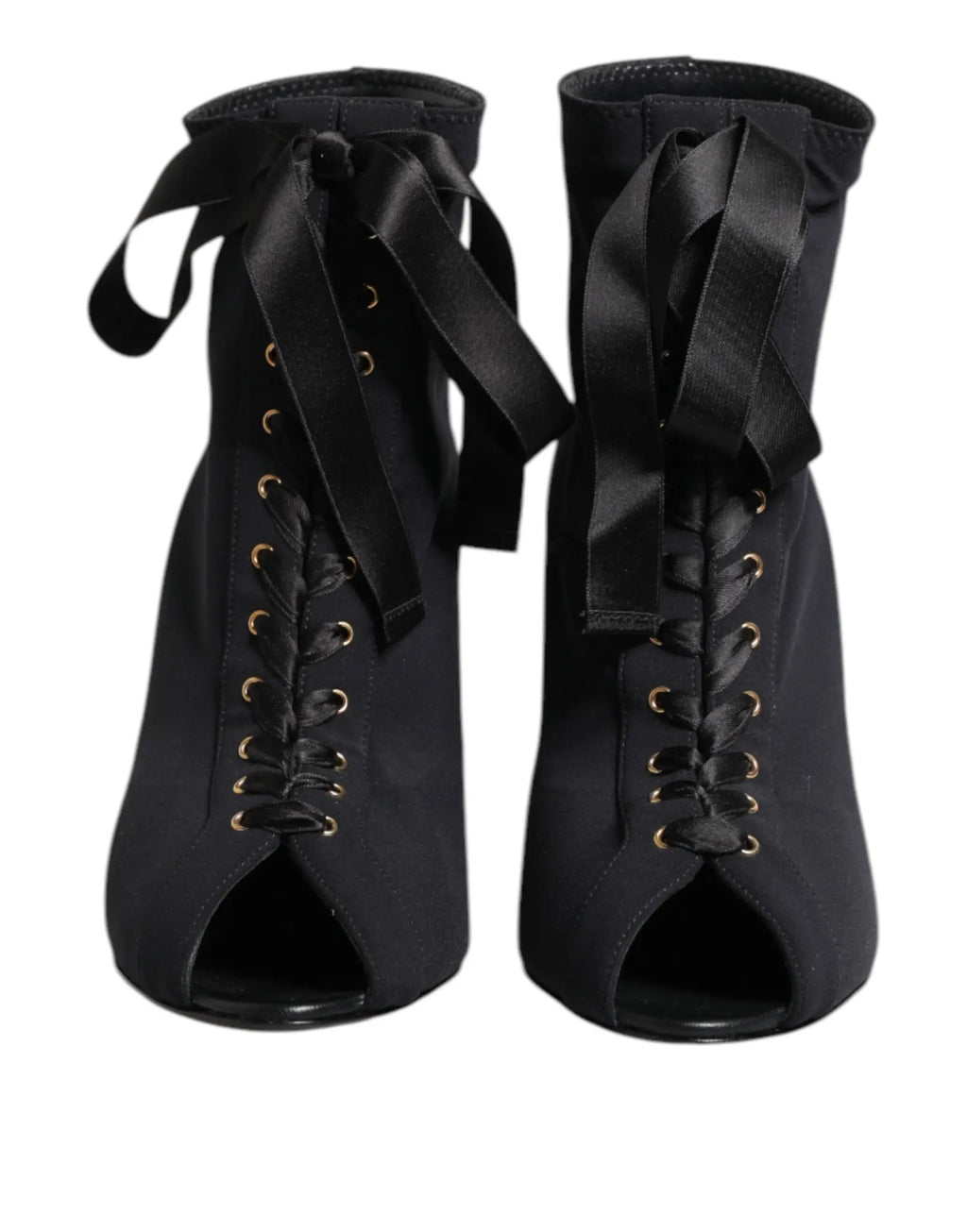 Dolce & gabbana bottines à talons aiguilles en satin noir avec lacets, œillets dorés et rubans noués