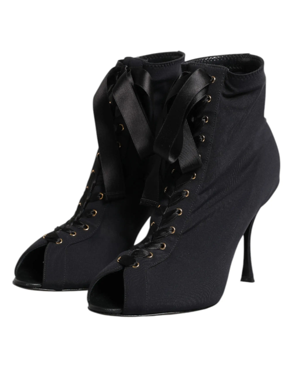 Dolce & gabbana bottines noires en satin avec lacets talon stiletto haut et bout ouvert