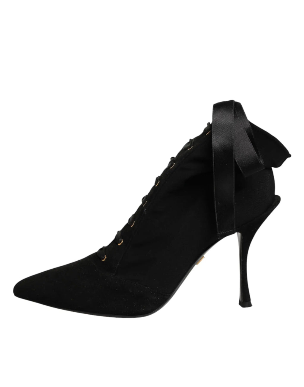 Vue arrière des bottines à lacets dolce & gabbana en daim noir à talon stiletto avec ruban en satin