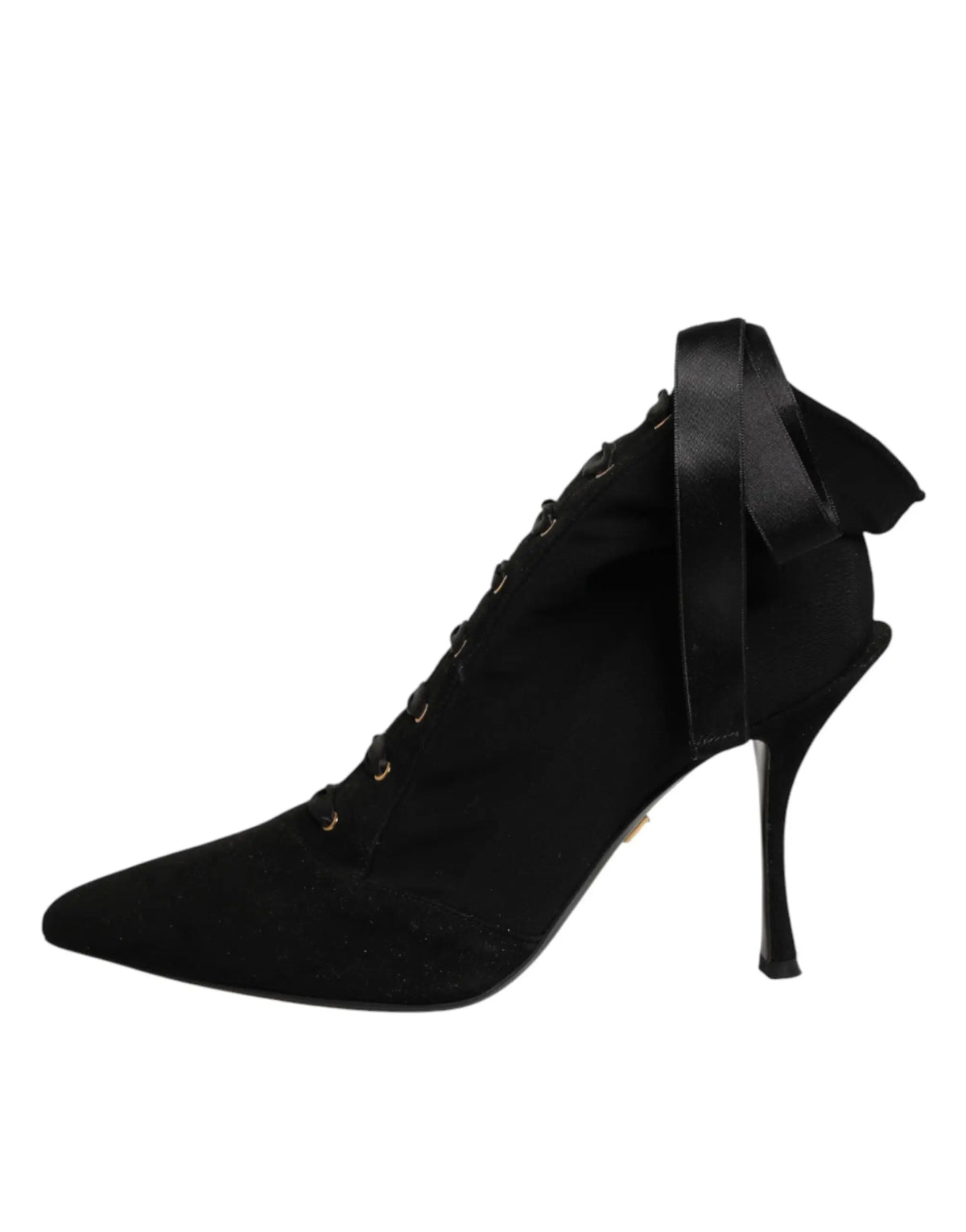 Vue arrière des bottines à lacets dolce & gabbana en daim noir à talon stiletto avec ruban en satin