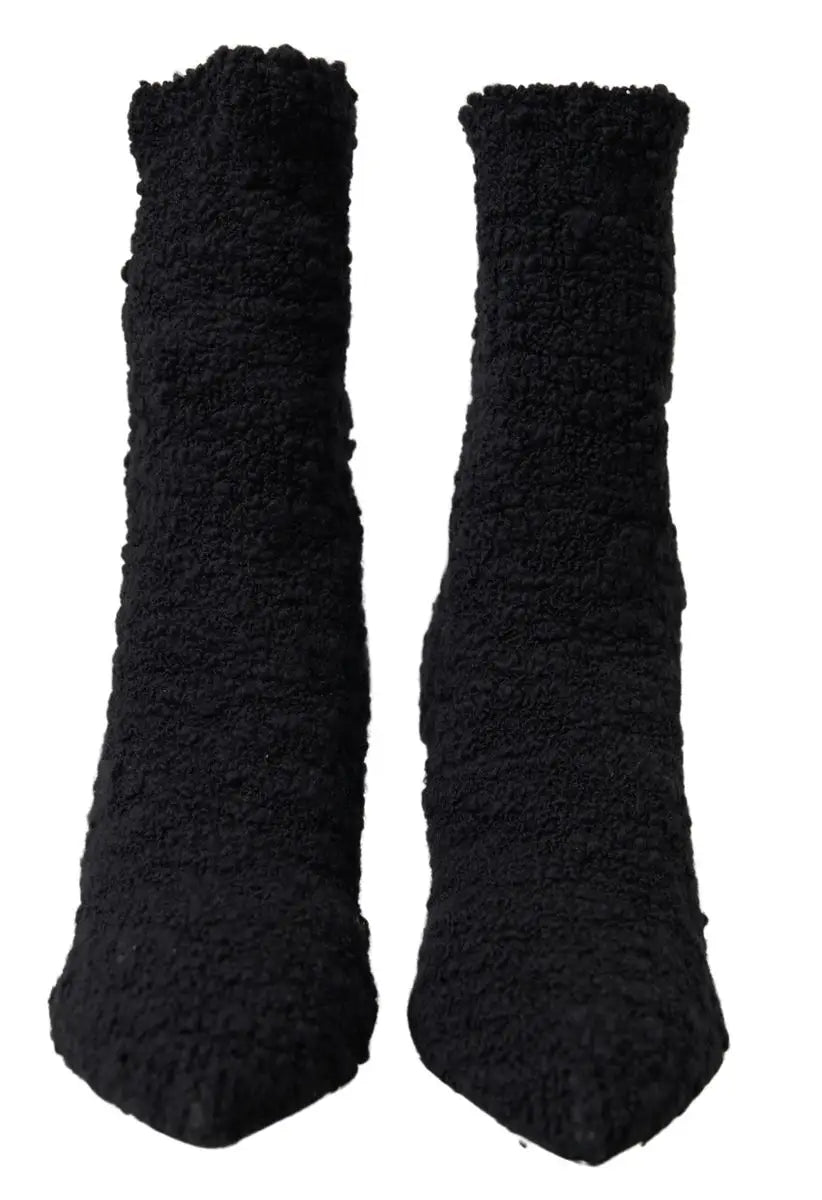 Dolce & gabbana bottes mi-mollet noires en daim pelucheux à talons aiguille