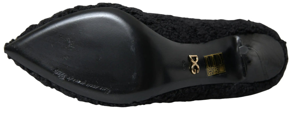 Dolce & gabbana bottes mi-mollet noires en tissu texturé avec semelle noire brillante et logo dg doré