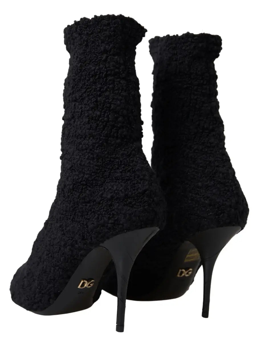 Dolce & gabbana bottines noires en cuir texturé à talon aiguille avec logo doré dg sur la semelle intérieure