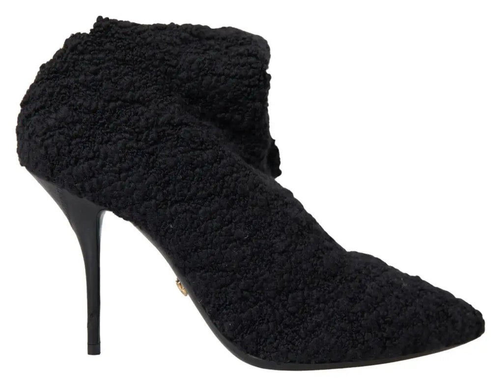 Bottes mi-mollet dolce & gabbana noires en tissu duveteux texturé avec talons aiguilles et bout pointu