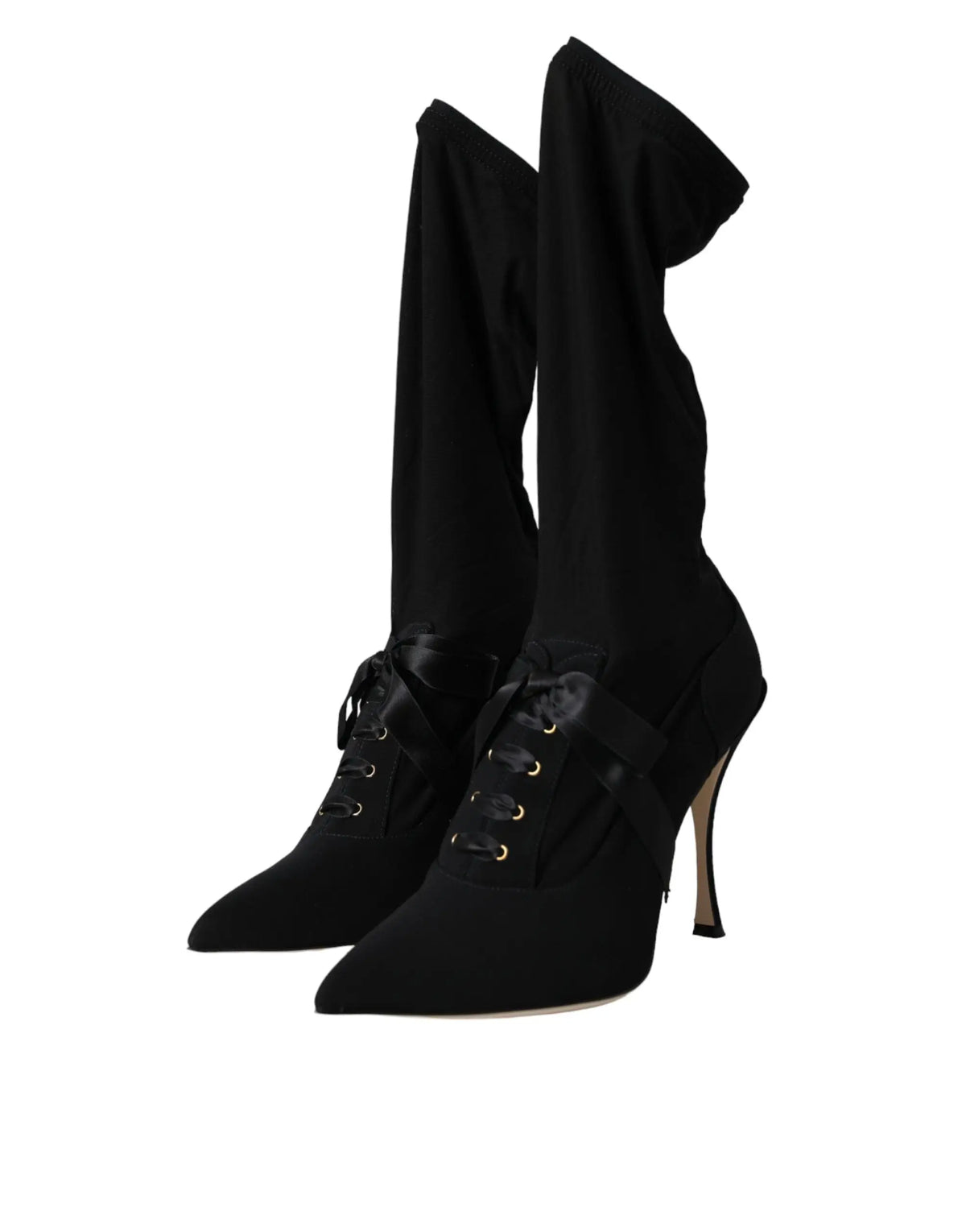 Bottes mi-mollet dolce & gabbana en daim noir à talons stiletto hauts avec bout pointu et lacets satinés noués en nœuds