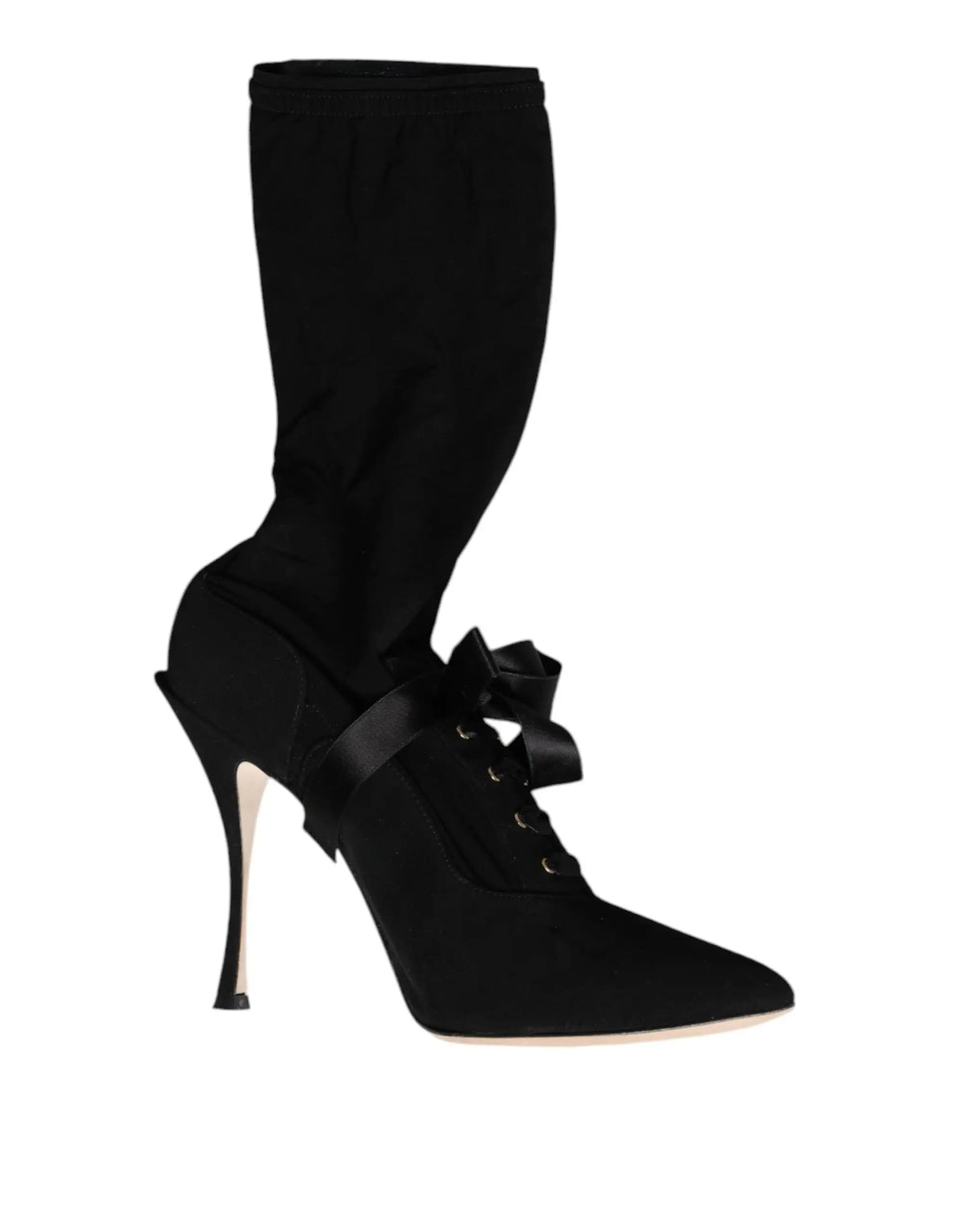 Bottes mi-mollet dolce & gabbana en daim noir avec talon stiletto haut et nœud en satin décoratif sur le devant