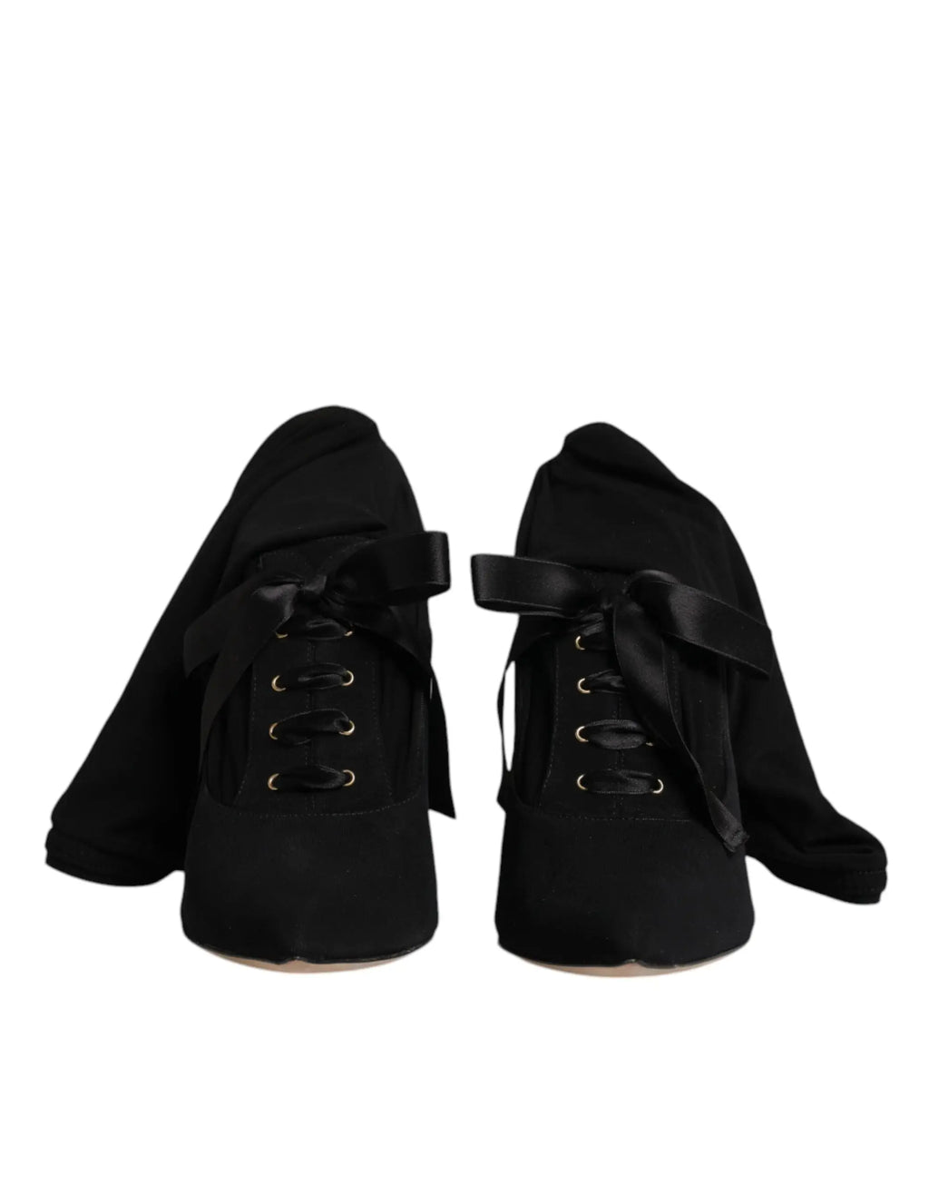 Dolce & gabbana bottes mi-mollet noires en satin avec lacets et talons aiguilles élégants