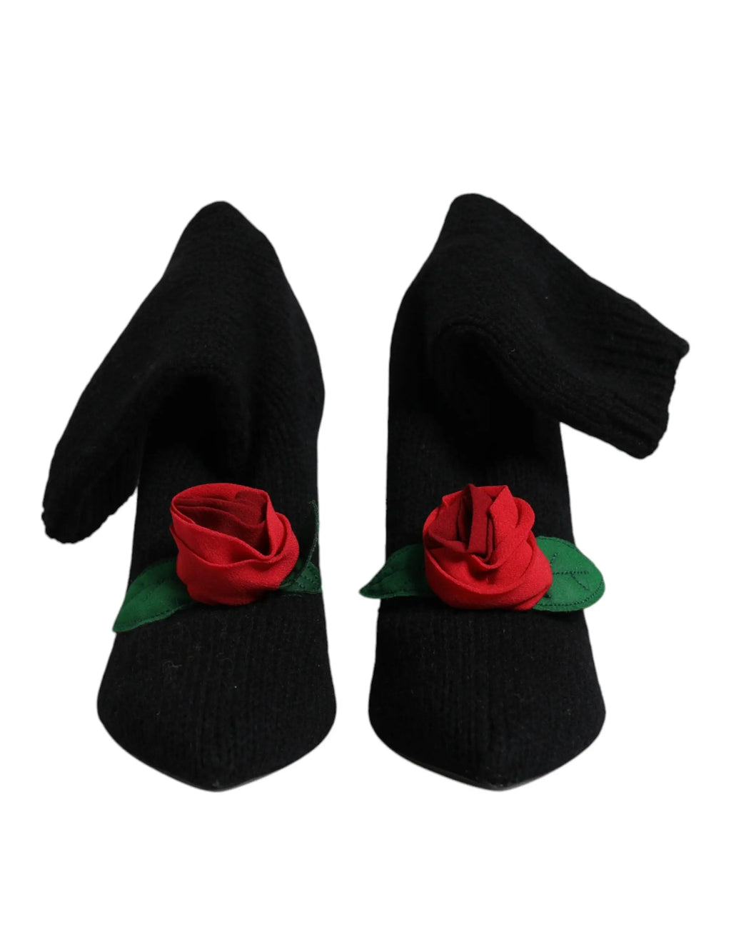 Dolce & gabbana bottes mid-calf noires à talons aiguilles ornées de roses rouges en tissu et feuilles vertes