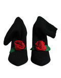 Dolce & gabbana bottes mid-calf noires à talons aiguilles ornées de roses rouges en tissu et feuilles vertes