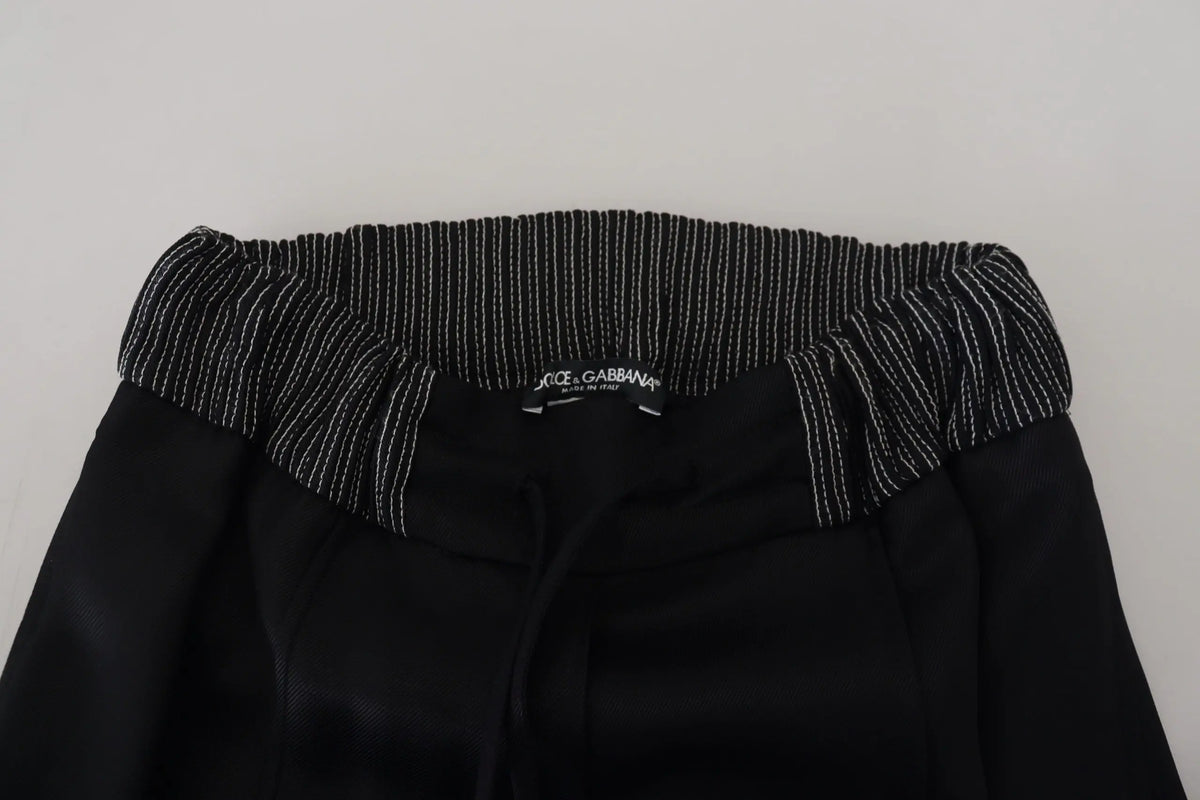 Pantalon droit noir dolce & gabbana en coton avec taille élastique côtelée et fines rayures blanches