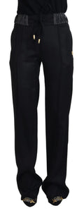 Pantalon droit en coton noir dolce gabbana avec cordon doré et embellissements métalliques décoratifs
