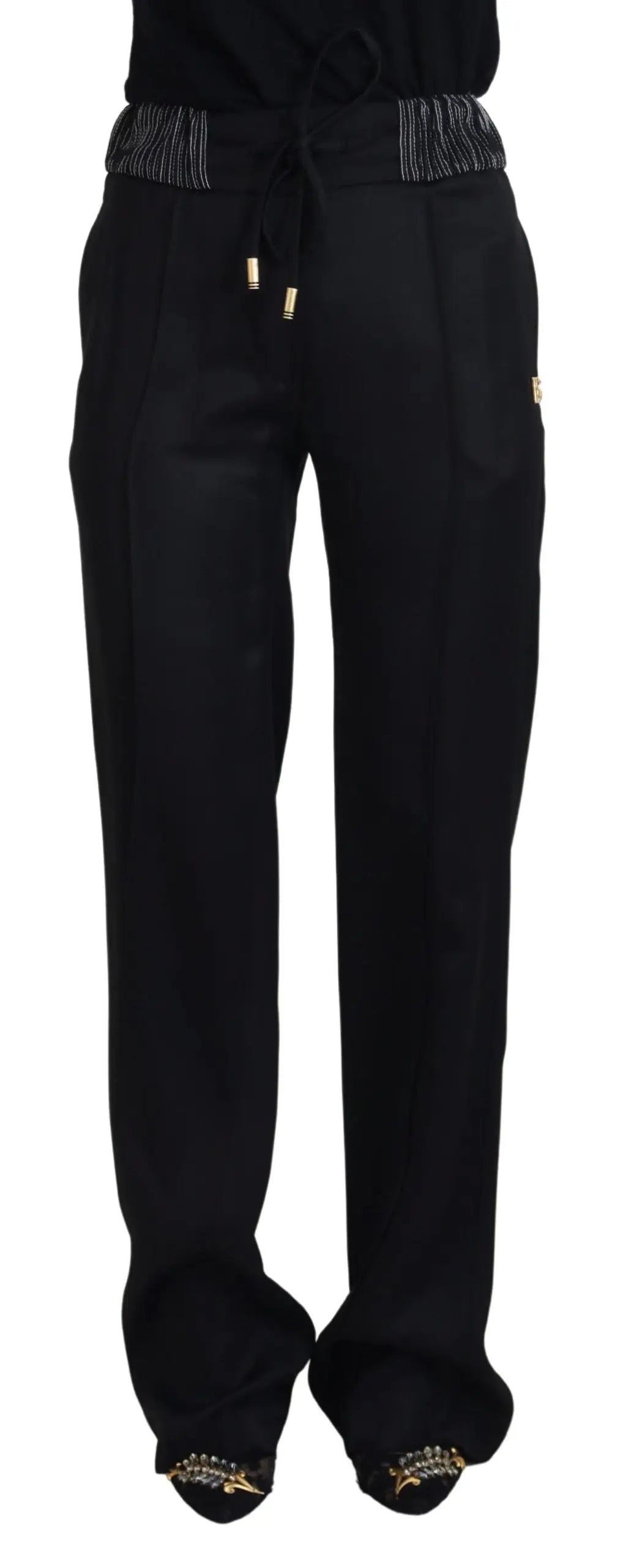 Pantalon droit en coton noir dolce gabbana avec cordon doré et embellissements métalliques décoratifs