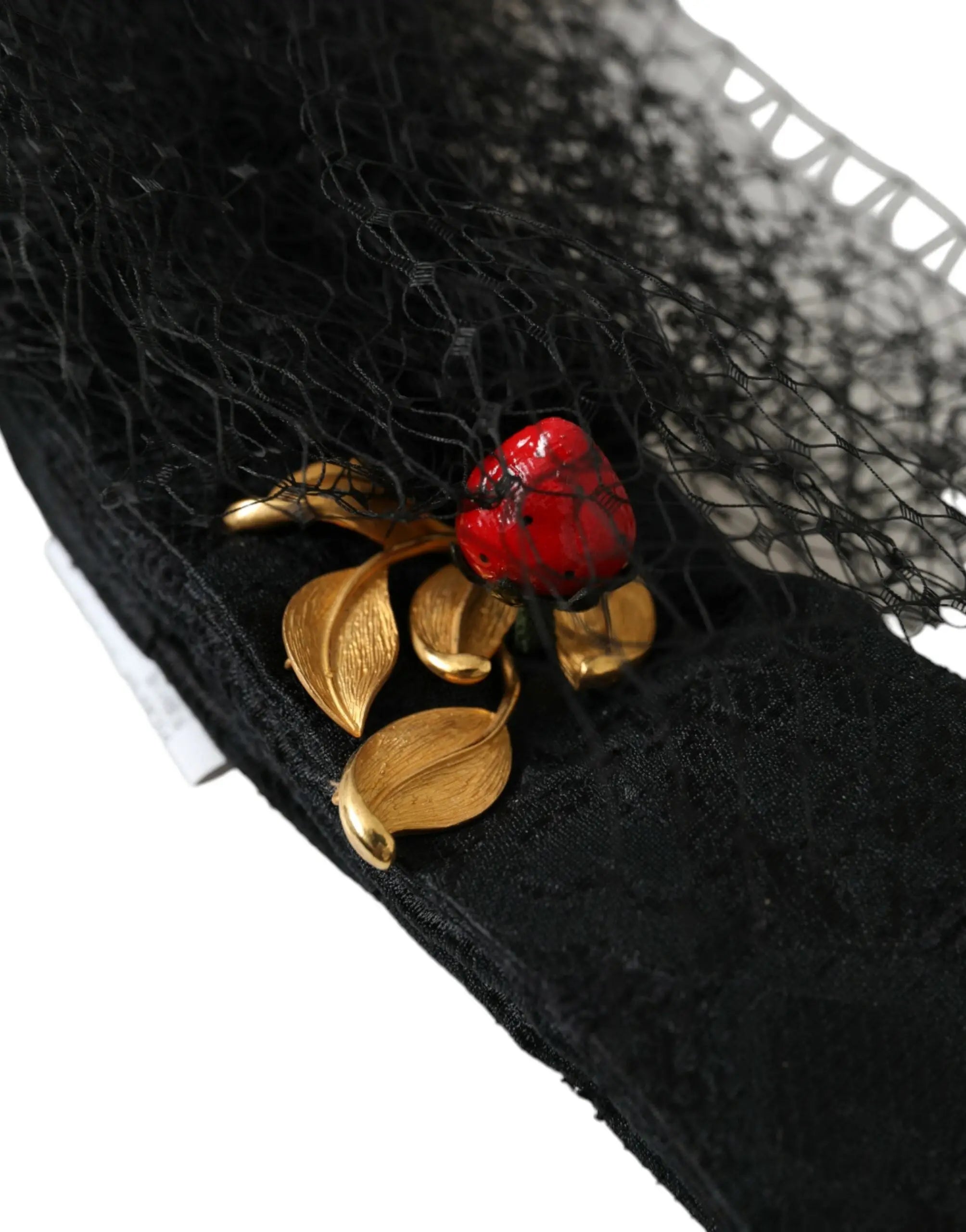 Diadème dolce & gabbana noir en filet de cristal avec fraise émaillée rouge et accents en feuille d or