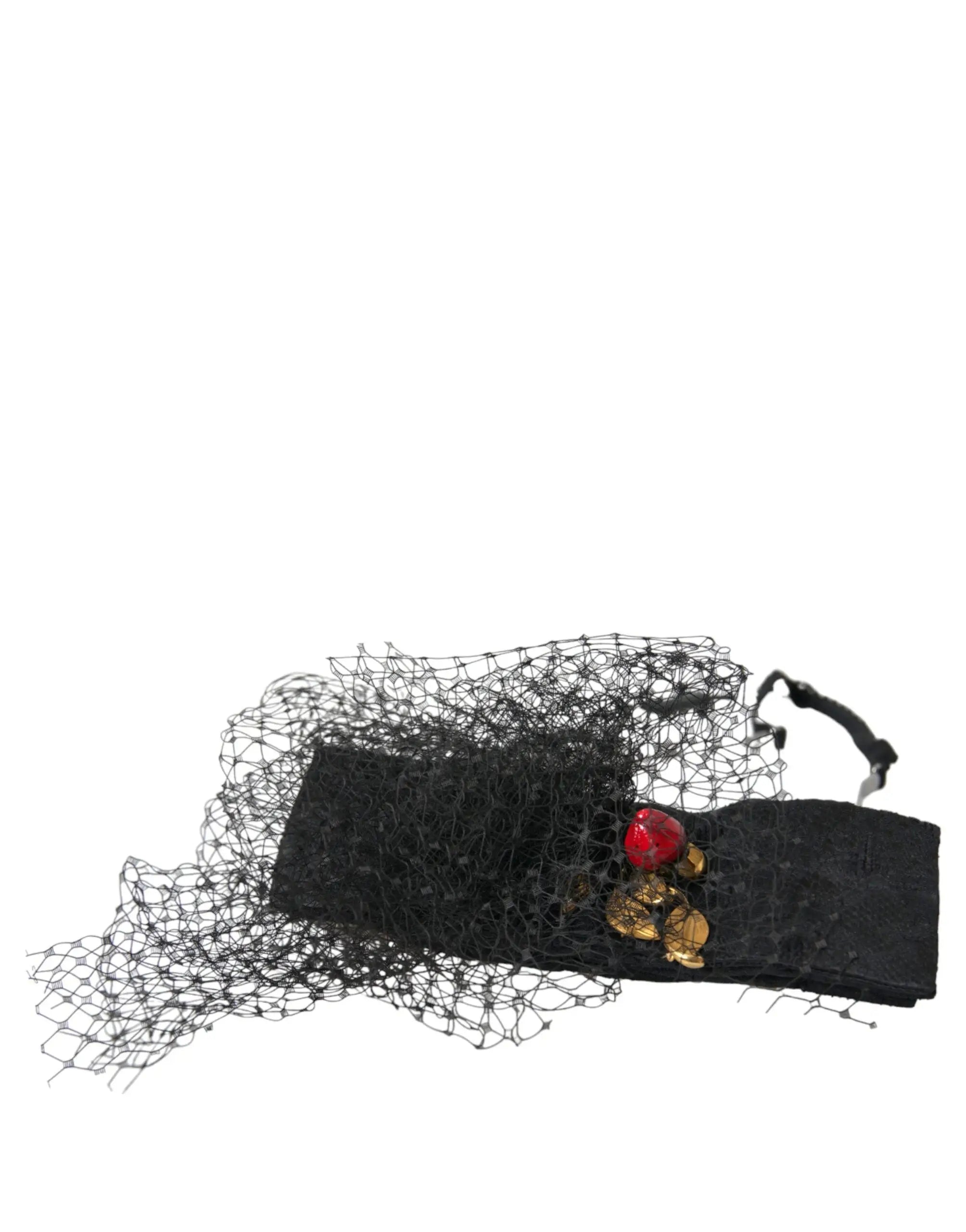 Dolce & gabbana serre-tête en filet cristal noir avec broche décorative rouge et or style diadème