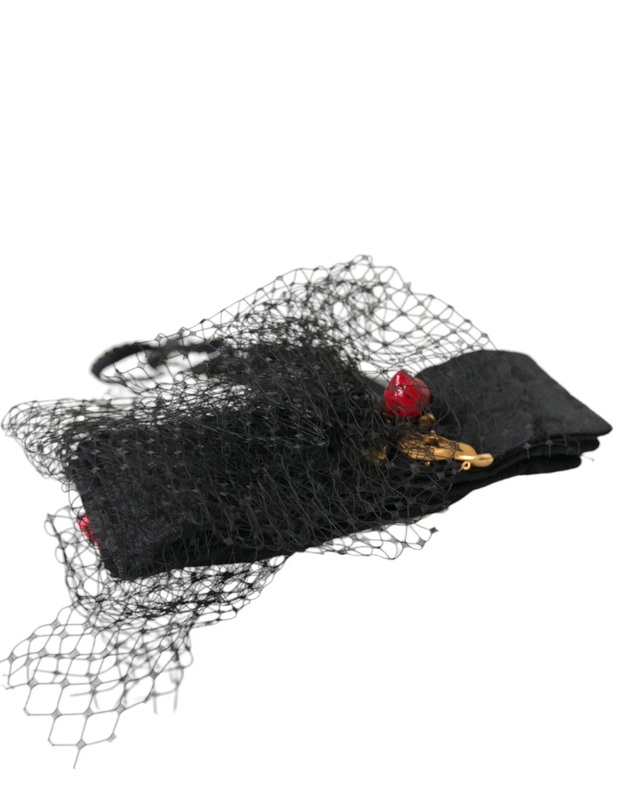 Fascinator en dentelle noire dolce & gabbana avec cristal rouge et accents dorés en maille filet mesh