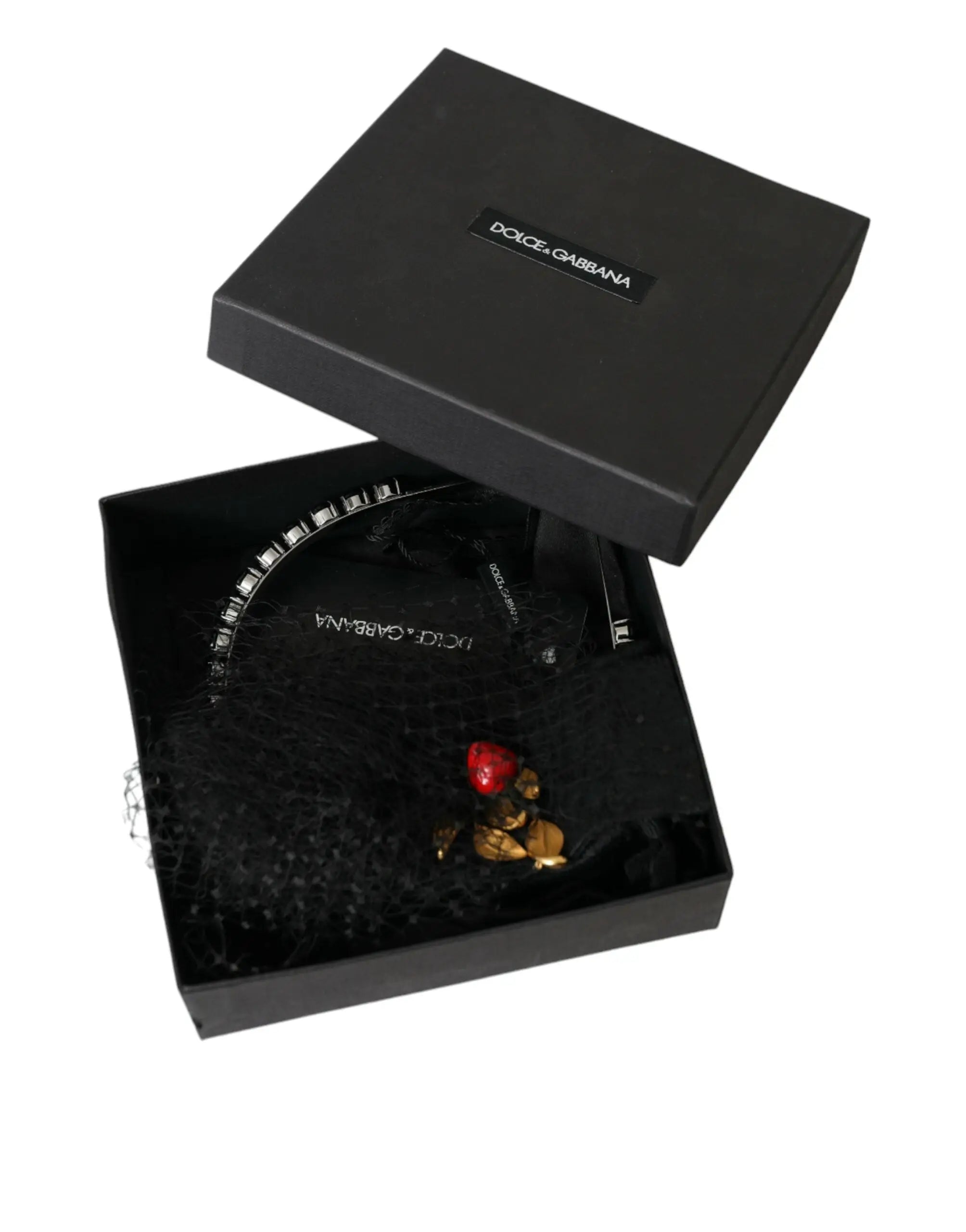 Dolce & gabbana serre-tête noir en maille cristalline avec strass scintillants et petite rose dorée
