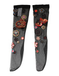 Dolce & gabbana bas noirs en maille stretch orné de fleurs brodées colorées et cristaux carretto
