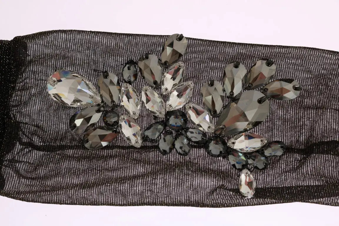 Élégant bandeau noir en mesh orné de strass clairs et gris foncé en design floral pour chaussettes dolce & gabbana