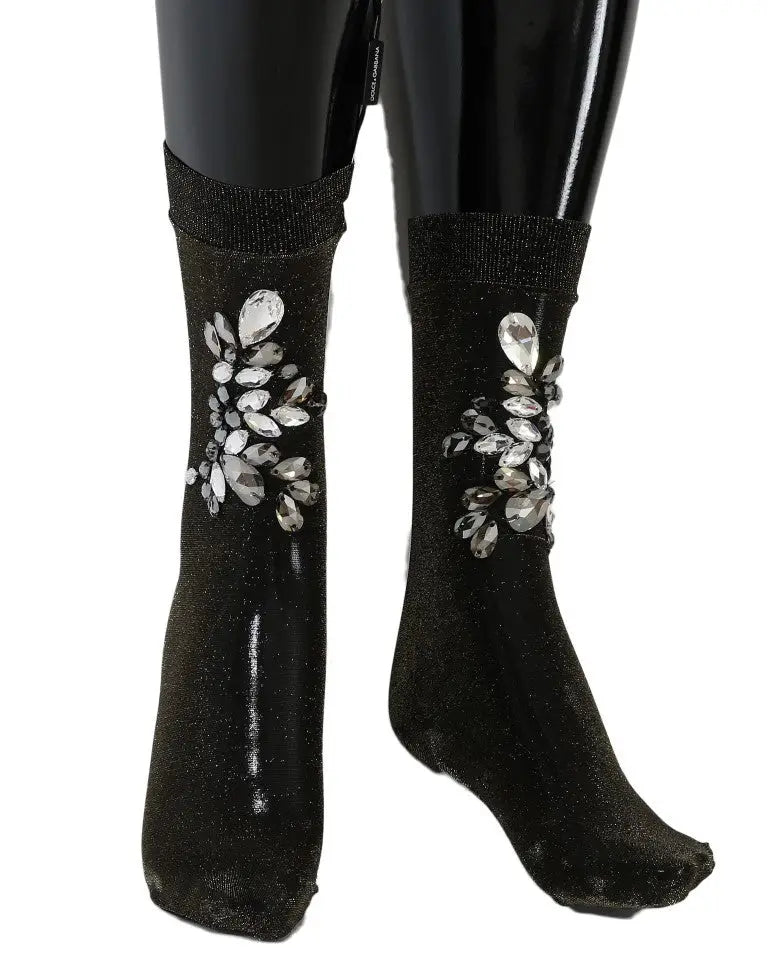 Chaussettes noires stretch dolce & gabbana avec paillettes et motif floral en cristaux clairs facettés