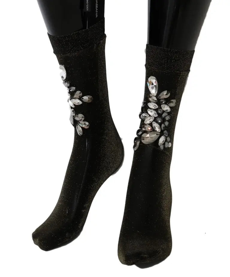 Chaussettes noires en stretch dolce gabbana ornées de cristaux clairs et strass argentés sur le côté