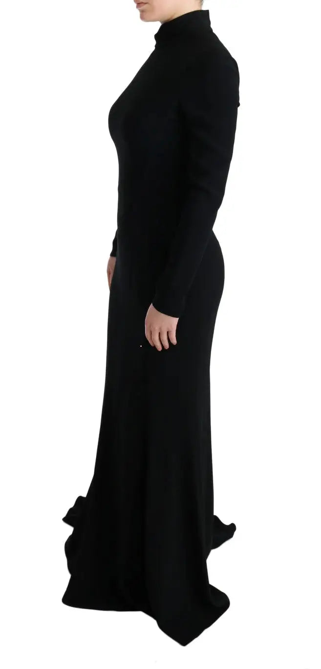 Robe noire moulante à manches longues dolce & gabbana en tissu stretch avec col haut et ourlet volanté