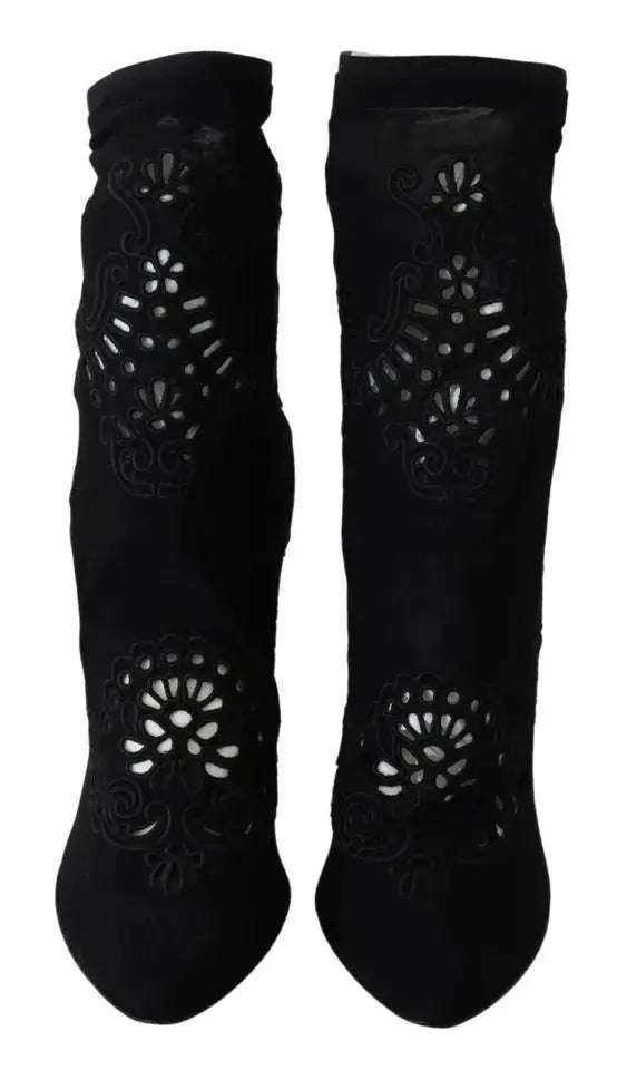 Dolce & Gabbana bottes stretch noires en daim à motifs floraux perforés élégantes et montantes jusqu’au genou