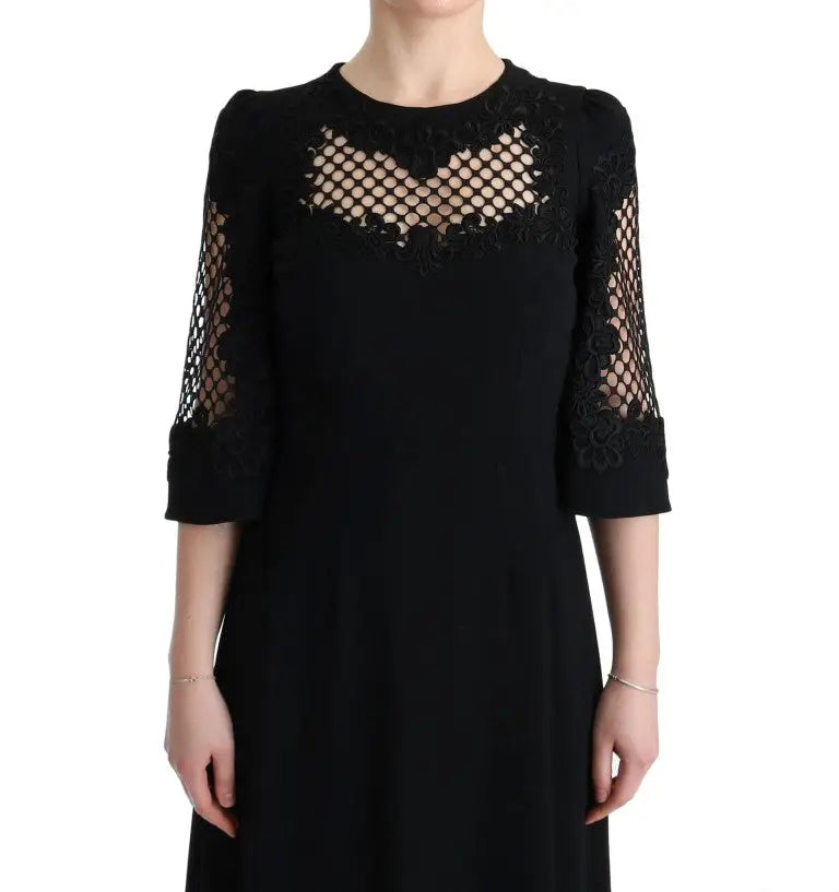 Dolce & gabbana robe longue stretch noire avec dentelle et manches trois quarts ajustée au corps