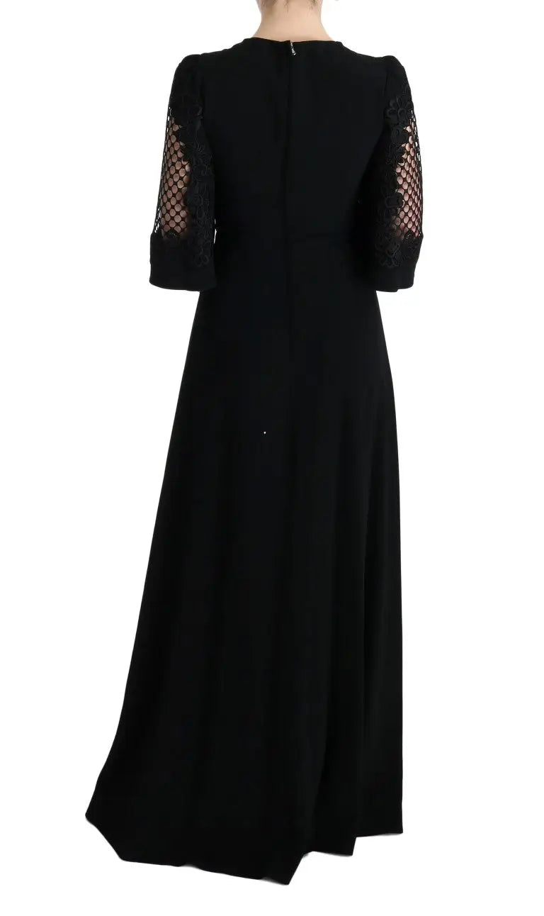 Robe longue noire dolce & gabbana en stretch avec manches trois quarts et dentelle en tulle transparent aux bras