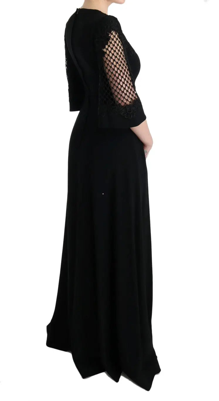 Robe longue noire dolce & gabbana avec manches en mesh transparent et détails en dentelle stretch