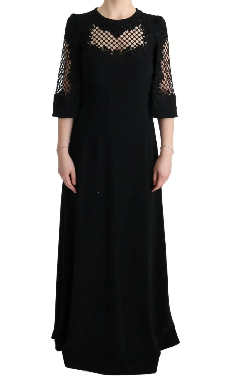 Robe midi noire dolce & gabbana en stretch avec dentelle, manches trois quarts et corsage ajusté