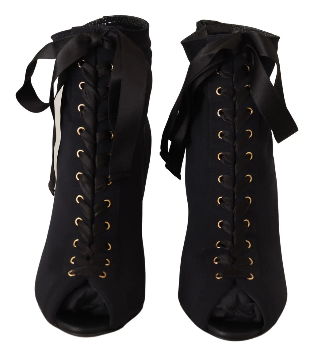Dolce & gabbana bottines courtes stretch noires avec talons hauts lacets satin et œillets dorés