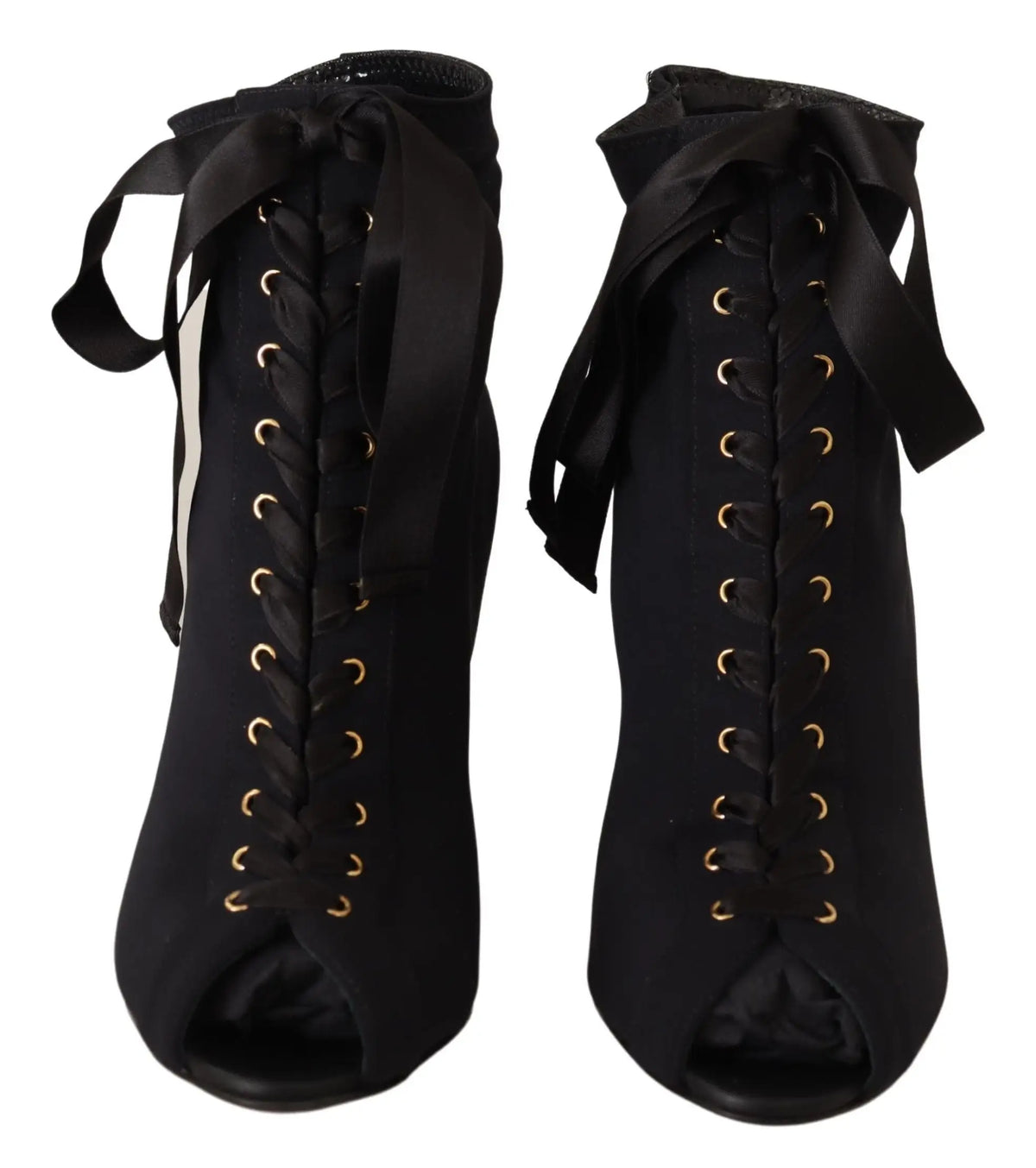 Dolce & gabbana bottines courtes stretch noires avec talons hauts lacets satin et œillets dorés