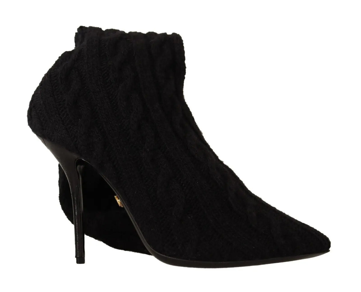 Bottines dolce & gabbana noires en maille câble stretch mi-mollet avec bout pointu et talon aigu