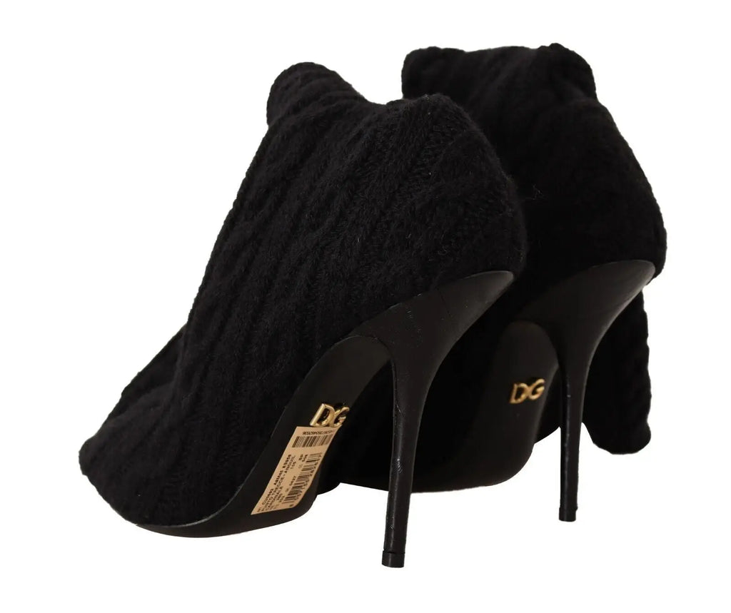 Dolce & gabbana bottines noir en daim tricot cable avec talon stiletto haut et logo dg doré sur la semelle intérieure