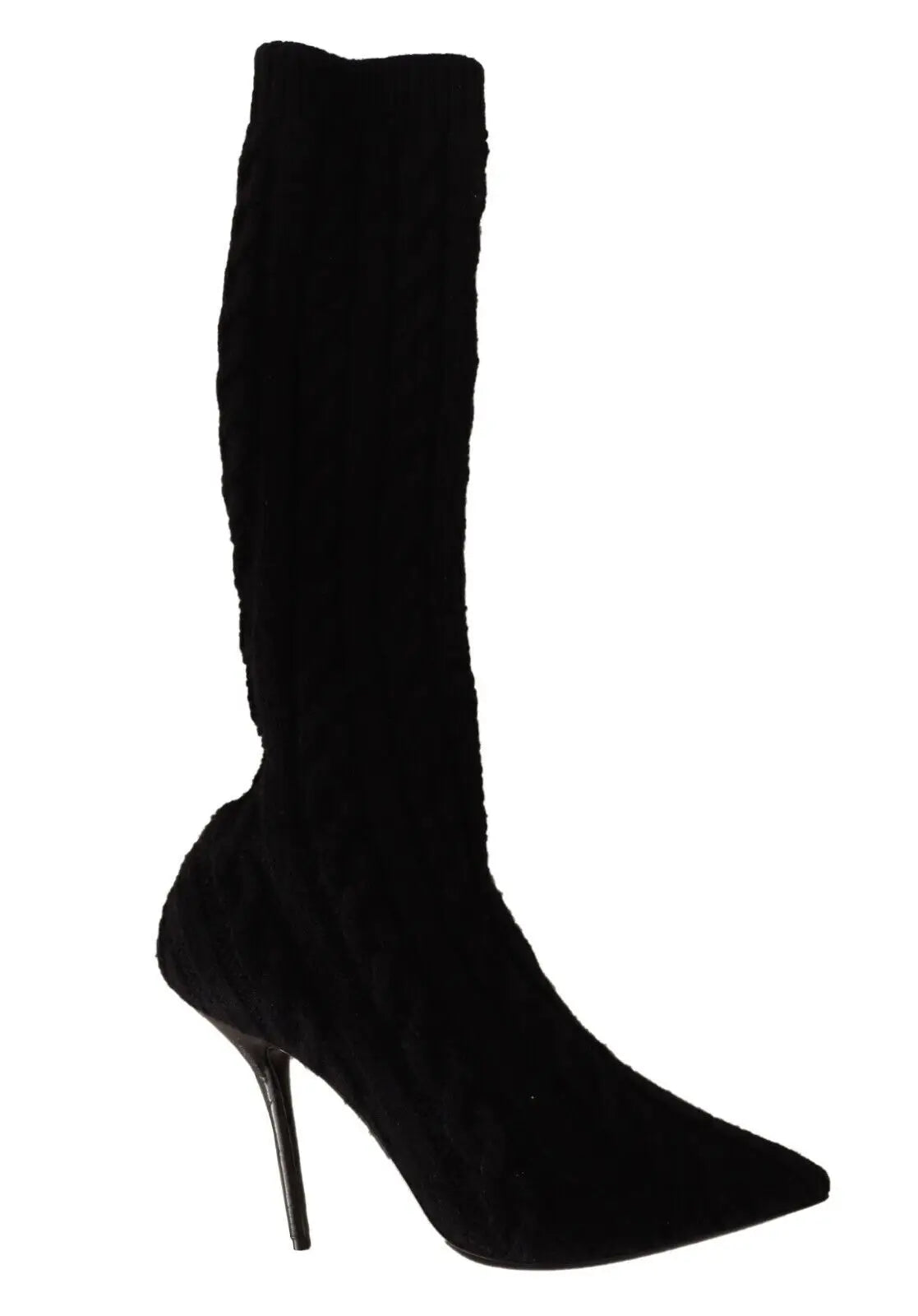 Dolce & gabbana black velvet knee high boot with pointed toe and slender high heel in stretch socks design
