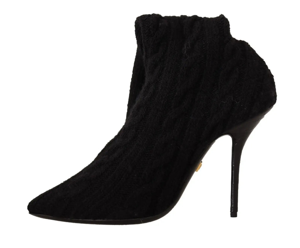 Dolce & gabbana bottines noires en maille cable avec talon haut fin et bout pointu en stretch aux chevilles