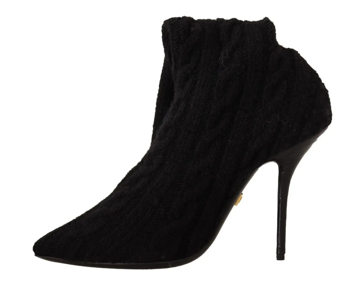 Dolce & gabbana bottines noires en maille cable avec talon haut fin et bout pointu en stretch aux chevilles