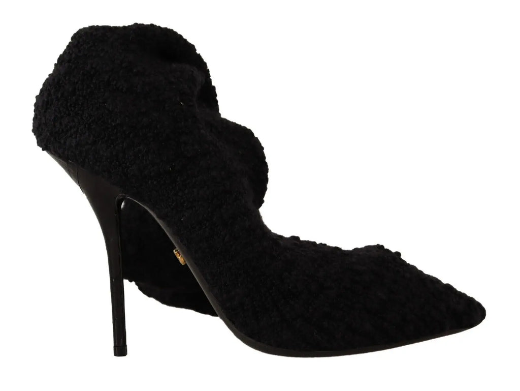 Dolce & gabbana black high-heeled pump with a textured fuzzy upper and sleek pointed toe