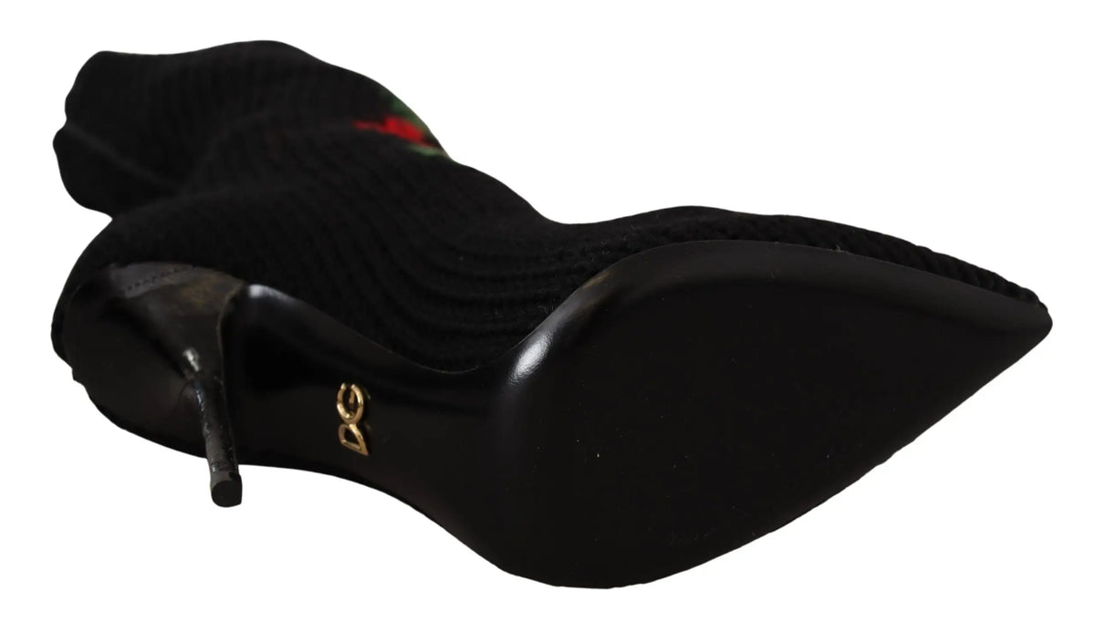 Bottine noire en suède dolce & gabbana avec talon haut fin et logo doré sur le côté roses rouges stretch